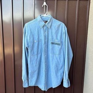 Vintage blue Harley Davidson embroidered Denim button-up shirt men’s size M.